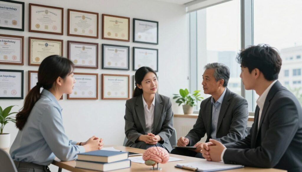 A serene and professional office setting depicting various specializations in psychology. In the foreground, a diverse group of three professionals in business attire engaged in discussion, surrounded by symbolic artifacts like books on therapy, behavioral charts, and a brain model. In the middle, a large wall filled with framed diplomas and posters illustrating different branches of psychology such as clinical, counseling, and industrial-organizational. The background features a bright, well-lit window showing a cityscape, conveying a sense of opportunity and growth. Soft, natural lighting enhances the calming atmosphere, inviting the viewer to ponder the various career paths in psychology. The overall mood is one of inspiration and professionalism, suitable for aspiring psychologists.