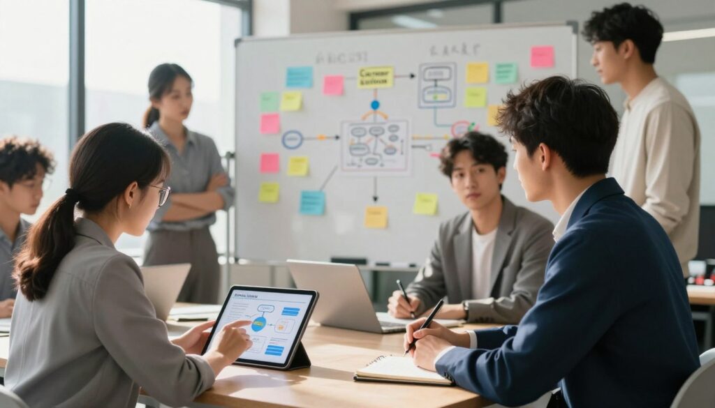 A serene scene depicting a diverse group of young adults in a modern workspace, engaged in thoughtful discussions about career planning. In the foreground, a woman with glasses, dressed in professional attire, is analyzing a career chart on her tablet. Beside her, a man in a smart casual outfit takes notes. The middle ground features a large whiteboard filled with colorful post-it notes and diagrams relating to various career paths. The background has large windows allowing natural light to flood the room, casting soft shadows. The mood is collaborative and inspiring, reflecting the importance of conscious career decision-making and personal growth. The setting suggests a blend of creativity and professionalism, reinforcing the theme of intentional career planning.