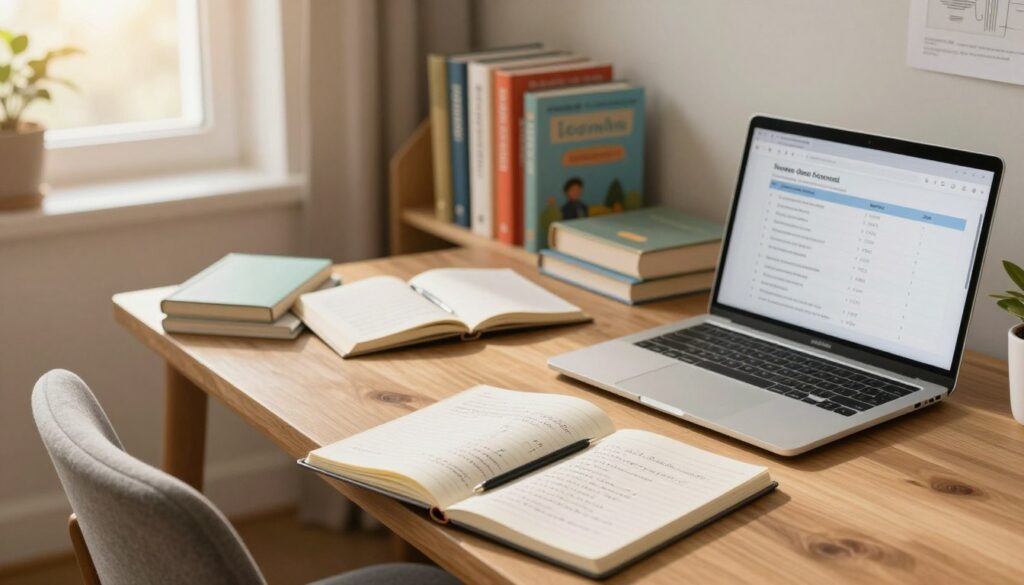 A serene study environment featuring a wooden desk adorned with educational materials related to homeschooling procedures. In the foreground, an open notebook with handwritten notes and a laptop displaying a checklist for starting home education. In the middle, a cozy chair and a shelf filled with colorful books on pedagogy and curriculum planning. The background shows a window with warm sunlight filtering in, illuminating the space. Soft, inviting colors create a calming atmosphere, suggesting focus and learning. The angle is slightly above eye level, emphasizing the organized workspace. The scene should evoke a sense of professionalism and readiness for new educational journeys.