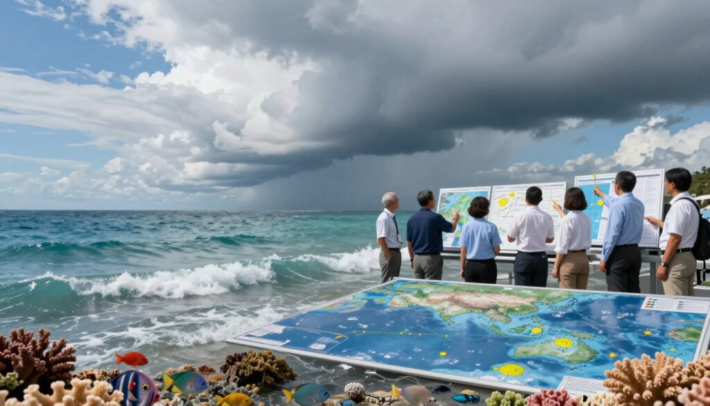 A stunning representation of the influence of oceans and ocean currents on weather patterns in Asia. In the foreground, showcase a vibrant seaside landscape with gentle waves, featuring varied marine life like colorful fish and coral. In the middle ground, depict a diverse group of professional meteorologists observing weather phenomena, pointing at dynamic weather maps and charts. In the background, illustrate dramatic storm clouds against a blue sky, symbolizing the interplay between ocean waters and atmospheric conditions. Use soft, natural lighting to enhance the scene, creating an atmosphere of both curiosity and urgency. Focus on a balanced composition with a wide-angle perspective to capture the vastness of the ocean and its effects on climate.