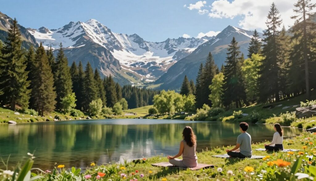 A tranquil mountain landscape showcasing the influence of alpine climate on health and well-being. In the foreground, a serene mountain lake reflects the surrounding peaks, with healthy individuals engaged in calming activities like meditation and yoga on the shore, dressed in modest casual clothing. The middle ground features lush green pine forests and vibrant wildflowers, while snowy mountain caps rise majestically in the background, under a bright, clear blue sky. Soft, warm sunlight filters through the trees, casting gentle shadows and creating a peaceful atmosphere. The image should evoke a sense of tranquility, wellness, and the refreshing energy of mountain air, inviting viewers to appreciate the health benefits of the alpine environment.