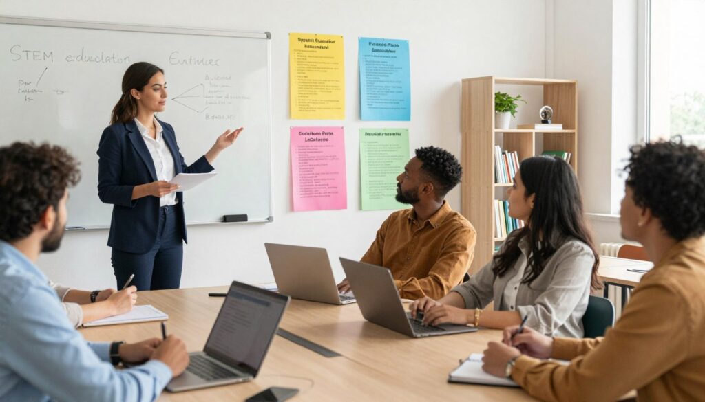 A vibrant educational setting featuring a diverse group of teachers engaging in a dynamic workshop. In the foreground, a well-dressed female instructor stands at a whiteboard, leading a discussion on specialized teacher education paths. Surrounding her, a mix of male and female educators, reflecting different ethnicities, collaborate, exchanging ideas and taking notes with notepads and laptops. In the middle ground, posters of various teaching specializations hang on the walls, showcasing subjects like STEM, special education, and language arts. The background reveals a sunlit classroom filled with bookshelves and educational materials. Soft, natural lighting enhances the welcoming atmosphere, creating a sense of inspiration and professionalism, inviting viewers into the world of teacher education paths. A vibrant educational setting featuring a diverse group of teachers engaging in a dynamic workshop. In the foreground, a well-dressed female instructor stands at a whiteboard, leading a discussion on specialized teacher education paths. Surrounding her, a mix of male and female educators, reflecting different ethnicities, collaborate, exchanging ideas and taking notes with notepads and laptops. In the middle ground, posters of various teaching specializations hang on the walls, showcasing subjects like STEM, special education, and language arts. The background reveals a sunlit classroom filled with bookshelves and educational materials. Soft, natural lighting enhances the welcoming atmosphere, creating a sense of inspiration and professionalism, inviting viewers into the world of teacher education paths.