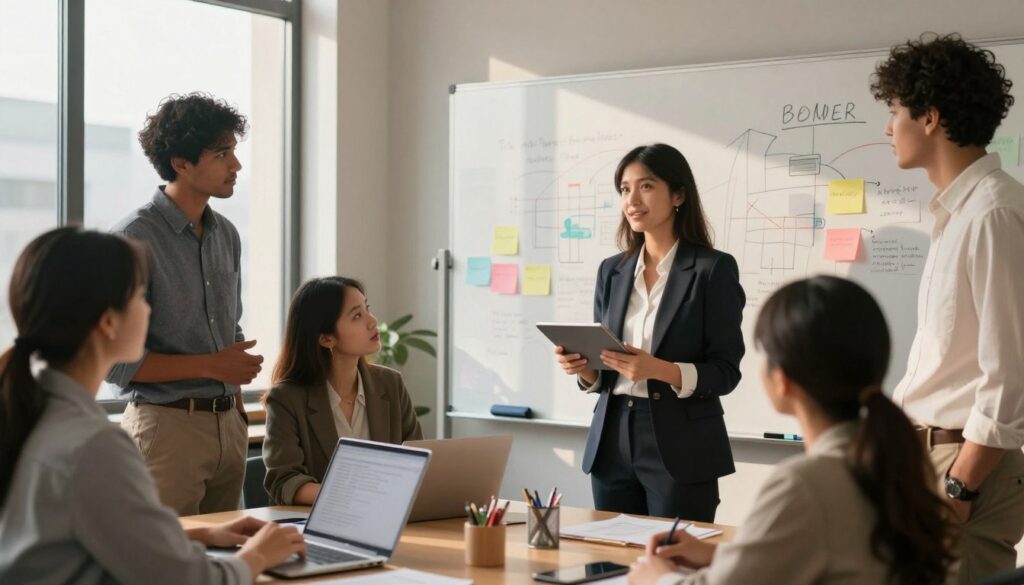 A vibrant office setting showcases a diverse group of young professionals engaged in a collaborative work environment. In the foreground, a confident woman in smart business attire presents her ideas on a digital tablet to a group of attentive colleagues, who are dressed in professional clothing. The middle ground features a large whiteboard filled with notes and colorful diagrams, illustrating the brainstorming process. In the background, large windows allow natural light to flood the space, casting shadows that add depth to the scene. The atmosphere is one of innovation and teamwork, highlighting the essential role of internships in career development. The image captures a moment of inspiration and growth, emphasizing collaboration and professional advancement. The lighting is warm and inviting, with a focus on creativity and productivity.