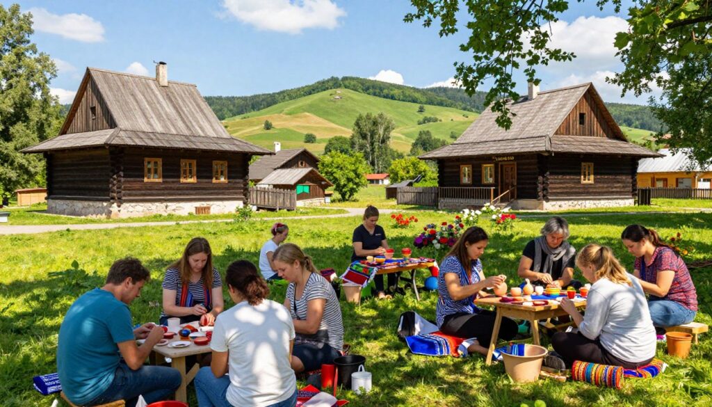 A vibrant, picturesque scene of a traditional "uniwersytet ludowy" in Poland, showcasing its rustic wooden buildings nestled in a lush green landscape. In the foreground, a group of diverse individuals, dressed in modest casual clothing, engage in crafting handmade ceramics and textiles, reflecting the essence of craftsmanship and tradition. The middle ground features tables adorned with colorful, handcrafted items, surrounded by blooming flowers. In the background, gentle hills roll under a bright blue sky, with sunlight filtering through trees, casting soft shadows. The atmosphere is warm and inviting, inspiring creativity and connection to Polish cultural heritage. Capture the scene using a wide-angle lens, emphasizing the harmony between people and nature, with a focus on natural lighting to enhance the vibrancy of colors.
