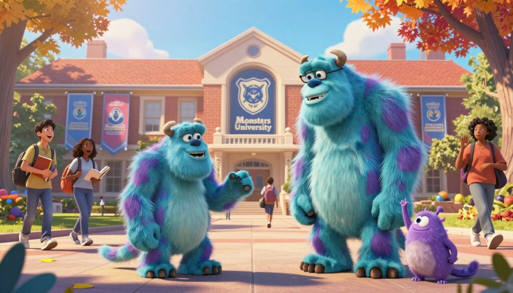 A vibrant university campus scene set at the fictional "Monsters University," showcasing a diverse group of monster students engaging with one another. In the foreground, a friendly, furry blue monster is animatedly discussing with a tall, green reptilian character who wears glasses. To the side, a small purple creature is enthusiastically raising its hand, eager to participate. The middle ground reveals a classic university building adorned with banners showcasing monster school pride, while excited students walk around carrying books and backpacks. The background features whimsical trees and colorful autumn leaves, creating a joyful and inviting atmosphere. The image is bathed in warm, golden sunlight, giving an uplifting and inspirational mood, shot with a wide-angle lens to capture the lively scene. A vibrant university campus scene set at the fictional "Monsters University," showcasing a diverse group of monster students engaging with one another. In the foreground, a friendly, furry blue monster is animatedly discussing with a tall, green reptilian character who wears glasses. To the side, a small purple creature is enthusiastically raising its hand, eager to participate. The middle ground reveals a classic university building adorned with banners showcasing monster school pride, while excited students walk around carrying books and backpacks. The background features whimsical trees and colorful autumn leaves, creating a joyful and inviting atmosphere. The image is bathed in warm, golden sunlight, giving an uplifting and inspirational mood, shot with a wide-angle lens to capture the lively scene.