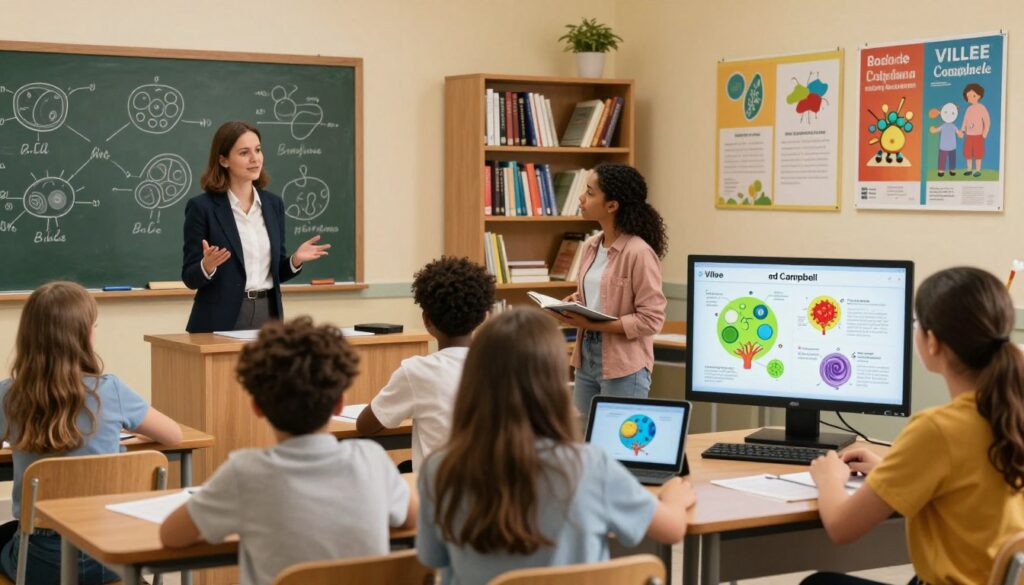 A visual representation of differences in biology teaching methods between two textbooks, Villee and Campbell. In the foreground, a split-image design shows two distinct classroom setups: on the left, a traditional classroom with a blackboard filled with diagrams of cells and biological processes, featuring a teacher in professional attire engaging with students. On the right, a modern classroom with interactive technology, such as tablets and screens displaying animated biology concepts. In the middle ground, students from diverse backgrounds are actively participating in discussions, showcasing varying teaching dynamics. The background includes elements like bookshelves filled with biology textbooks and colorful educational posters. Use warm, inviting lighting to create an encouraging, positive atmosphere, with a slight focus on clarity to highlight the contrast between the two approaches.