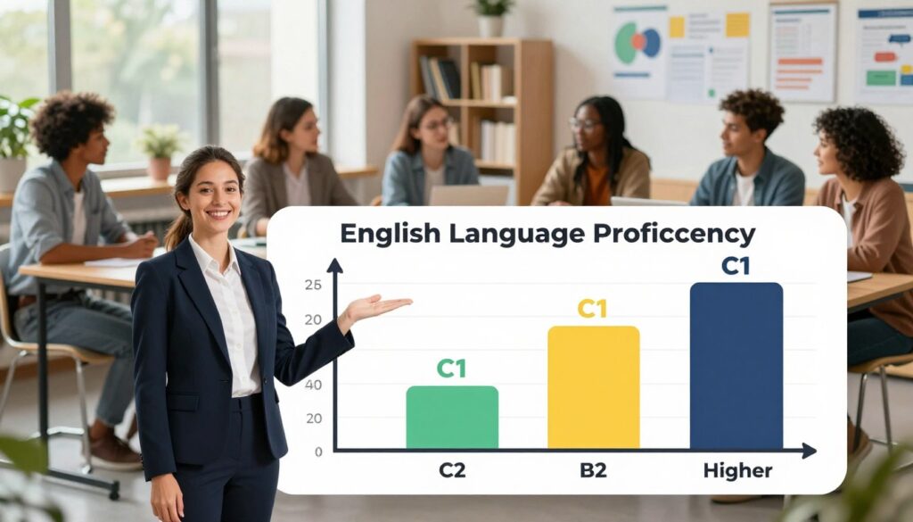 A visually engaging comparison of English language proficiency levels, featuring symbolic representations of C1, B2, and higher standards. In the foreground, a professional in business attire stands beside a large, illustrated chart showing the three levels on a scale, with distinct icons representing each proficiency stage. The middle ground showcases diverse individuals engaged in discussions and learning, depicting a cohesive multicultural atmosphere in a bright, modern classroom or seminar room. The background includes educational elements like bookshelves filled with English language resources and charts, with soft, natural lighting filtering through large windows, creating an inviting and motivational environment. The overall mood is one of aspiration and achievement, emphasizing the journey of mastering English.