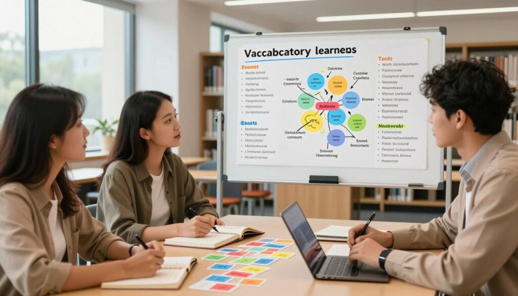 A visually engaging study scene showcasing practical methods for vocabulary learning. In the foreground, a diverse group of three individuals (two women, one man) are actively engaged in a lively discussion around a table, adorned with flashcards, notebooks, and digital devices. They are dressed in smart casual attire, reflecting a professional yet approachable atmosphere. In the middle ground, a large whiteboard displays colorful diagrams and vocabulary lists, highlighting various learning techniques like word association and context usage. The background features a bright, modern library with soft natural light filtering through large windows, creating a warm and inspiring ambiance. The overall mood should be collaborative and motivating, ideal for enhancing language skills.