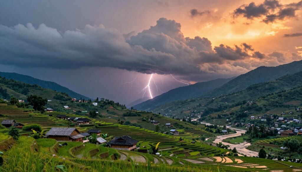 A visually striking representation of the climate factors shaping Asia, showcasing a diverse range of landscapes. In the foreground, lush rice terraces are interspersed with traditional Asian farmhouses, illustrating agricultural adaptation. The middle layer features a dramatic monsoon cloud formation, with streaks of lightning illuminating the scene, symbolizing the powerful weather patterns in the region. In the background, towering mountain ranges rise against a vibrant sunset, highlighting the geographical diversity that influences climate. Incorporate elements like a meandering river and scattered green forests to emphasize the interplay between land and water. Use warm, dynamic lighting to create a sense of energy and movement, capturing the essence of Asia's climate influences. The scene should evoke a feeling of connection between nature and culture without any human subjects or text.