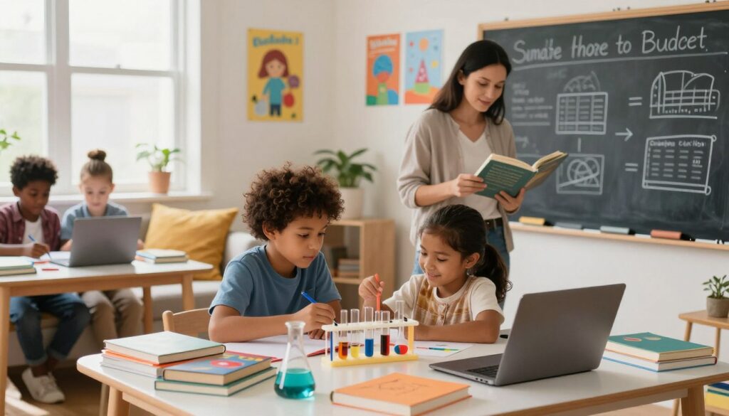 A warm and inviting home study environment featuring a diverse group of children engaged in various educational activities. In the foreground, a boy and girl are happily collaborating on a science project at a table piled with books, art supplies, and a laptop. The middle ground shows a mother, dressed in modest casual attire, helping a younger child with reading, while a chalkboard behind them showcases handwritten notes and diagrams about budgeting for education. In the background, a window lets in soft natural light, illuminating colorful educational posters and a cozy reading nook with plush cushions. The mood is encouraging and focused, emphasizing the importance of funding and resources in home education. The scene captures the essence of support and creativity, showcasing an environment rich in learning opportunities.