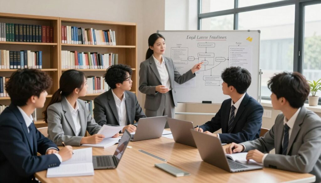 A well-organized classroom setting filled with high school students studying legal regulations and educational policies. In the foreground, a diverse group of students, dressed in professional business attire, are engaged in discussions, with open textbooks and laptops in front of them. In the middle, an educator, standing at a whiteboard filled with flowcharts and key points on legal education guidelines, is passionately explaining concepts. The background showcases a library with shelves of books on legal topics and educational frameworks, warmly lit by natural light streaming through large windows, creating an inviting yet focused atmosphere. The overall mood is one of seriousness and dedication, reflecting the importance of understanding educational regulations in high school.