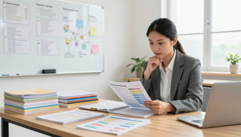 A well-organized workspace featuring a large wooden desk, surrounded by neatly stacked educational materials, curriculum documents, and colorful charts depicting learning objectives. In the foreground, a professional educator in business attire, reviewing a curriculum guide, with a thoughtful expression on their face. The middle ground includes a whiteboard filled with notes, diagrams, and mind maps related to educational standards and assessment criteria. In the background, a bright window allows natural light to flood the room, creating a warm and inviting atmosphere. The scene conveys a sense of focus and professionalism, emphasizing the importance of analyzing educational foundations and requirements. Soft, ambient lighting highlights the educator's engagement with the materials, suggesting a deep commitment to effective teaching practices. A well-organized workspace featuring a large wooden desk, surrounded by neatly stacked educational materials, curriculum documents, and colorful charts depicting learning objectives. In the foreground, a professional educator in business attire, reviewing a curriculum guide, with a thoughtful expression on their face. The middle ground includes a whiteboard filled with notes, diagrams, and mind maps related to educational standards and assessment criteria. In the background, a bright window allows natural light to flood the room, creating a warm and inviting atmosphere. The scene conveys a sense of focus and professionalism, emphasizing the importance of analyzing educational foundations and requirements. Soft, ambient lighting highlights the educator's engagement with the materials, suggesting a deep commitment to effective teaching practices.