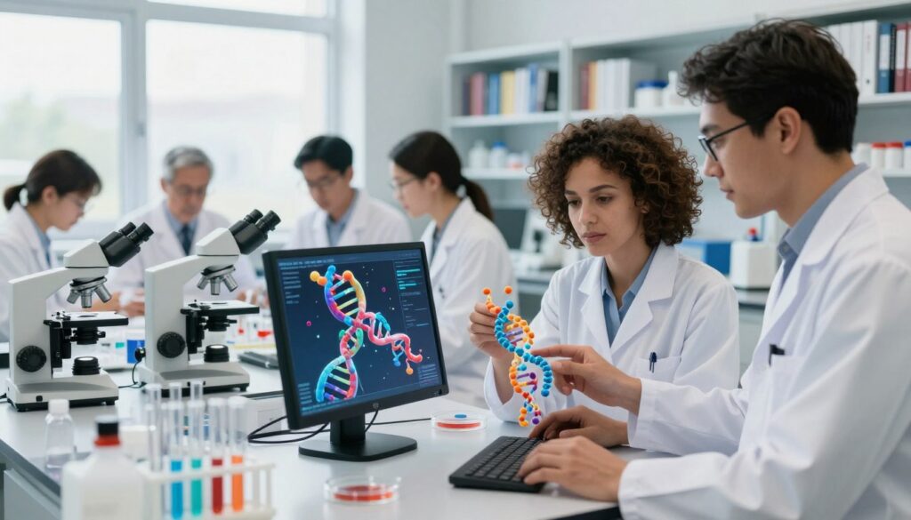 A modern laboratory setting with a focus on molecular biology applications in therapy and clinical research. In the foreground, a diverse group of scientists in white lab coats, including a woman with curly hair and a man with glasses, are examining a colorful 3D model of DNA and protein structures on a digital screen. The middle ground features laboratory equipment like microscopes, test tubes, and petri dishes, illuminated by bright, natural light from large windows. The background showcases shelves filled with books and scientific journals, creating an atmosphere of innovation and discovery. The overall mood is one of collaboration and excitement in advancing medical therapies through molecular biology. Soft focus on the background ensures the foreground is the central focus, highlighting the dedication and teamwork involved in this cutting-edge field.