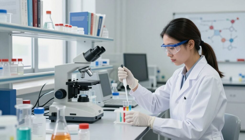 A modern molecular biology laboratory featuring a well-organized workspace with various laboratory equipment. In the foreground, a female scientist in a white lab coat, safety goggles, and gloves is carefully pipetting a colorful liquid into a test tube. In the middle ground, a microscope and a centrifuge are visible, surrounded by neatly labeled reagents and chemical samples. The background shows shelves filled with scientific textbooks, a bright window letting in natural light, and a whiteboard with molecular diagrams. The atmosphere is focused and professional, emphasizing precision and scientific inquiry, with bright and clear lighting to enhance the details of the scene.