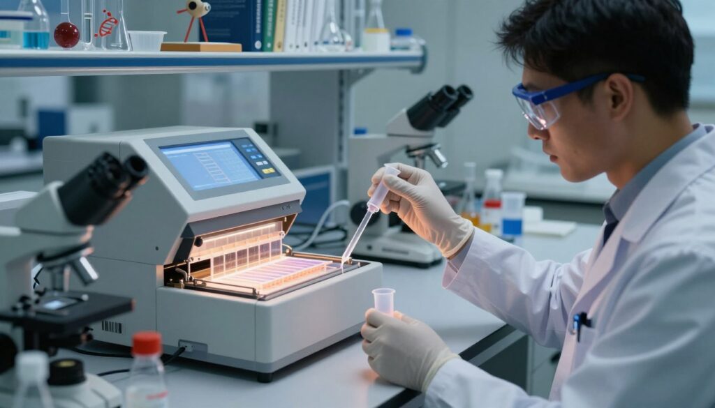 A well-lit molecular biology laboratory scene, showcasing essential techniques such as DNA extraction and gel electrophoresis. In the foreground, a professional researcher in a lab coat, wearing safety goggles and gloves, carefully pipetting a sample into a microcentrifuge tube. In the middle ground, an electrophoresis gel apparatus illuminated with soft, dramatic lighting, revealing bands of DNA. Various laboratory equipment, such as microscopes and reagent containers, are artfully arranged around. The background features shelves filled with scientific books and biological models. The overall atmosphere feels focused and innovative, with a subtle blue tint to emphasize a high-tech environment, shot at eye level with a shallow depth of field for a professional, engaging look.
